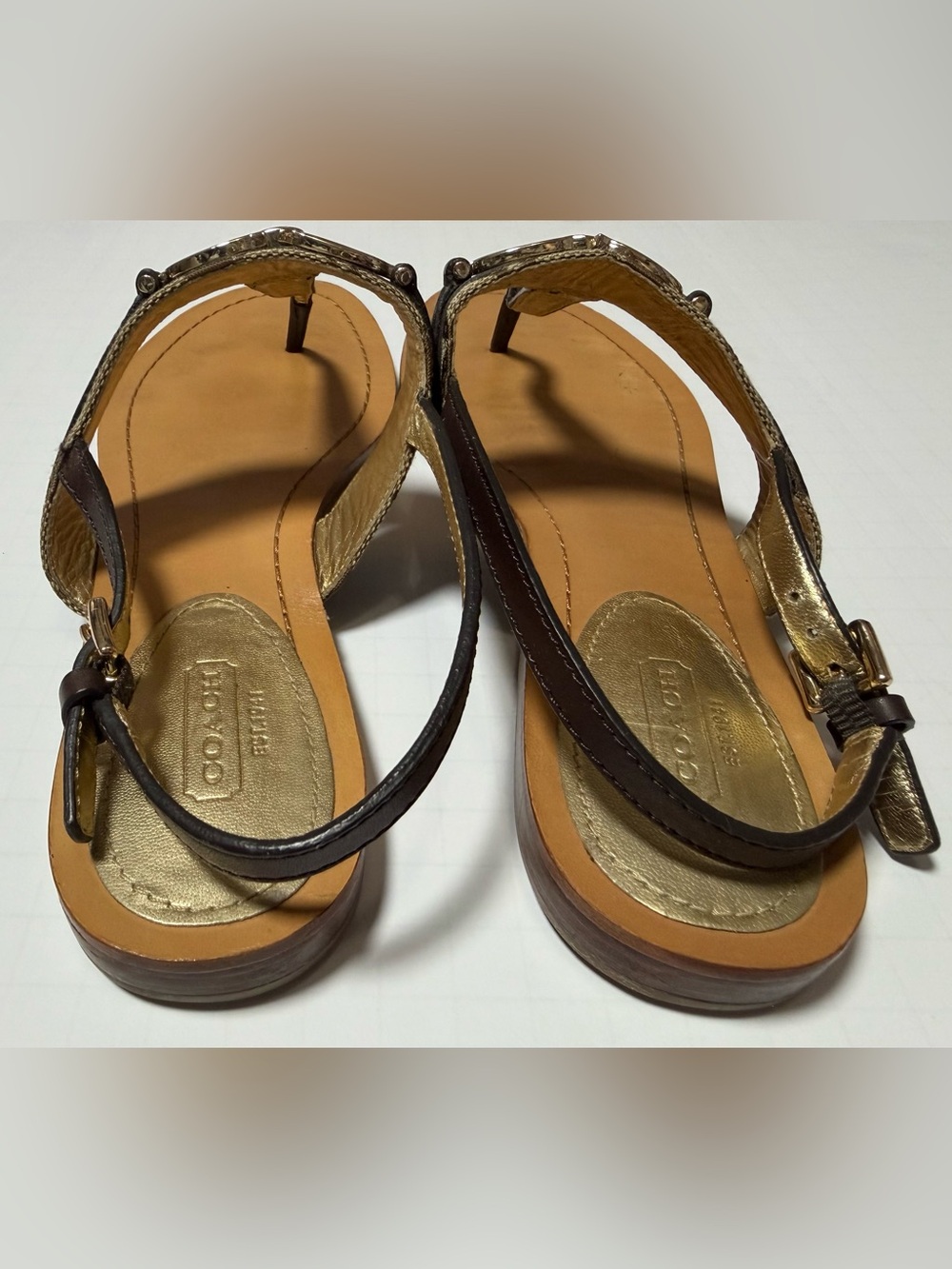 Coach Sammy T-strap Sandal Brown Gold Size 11 - Picture 4 of 8